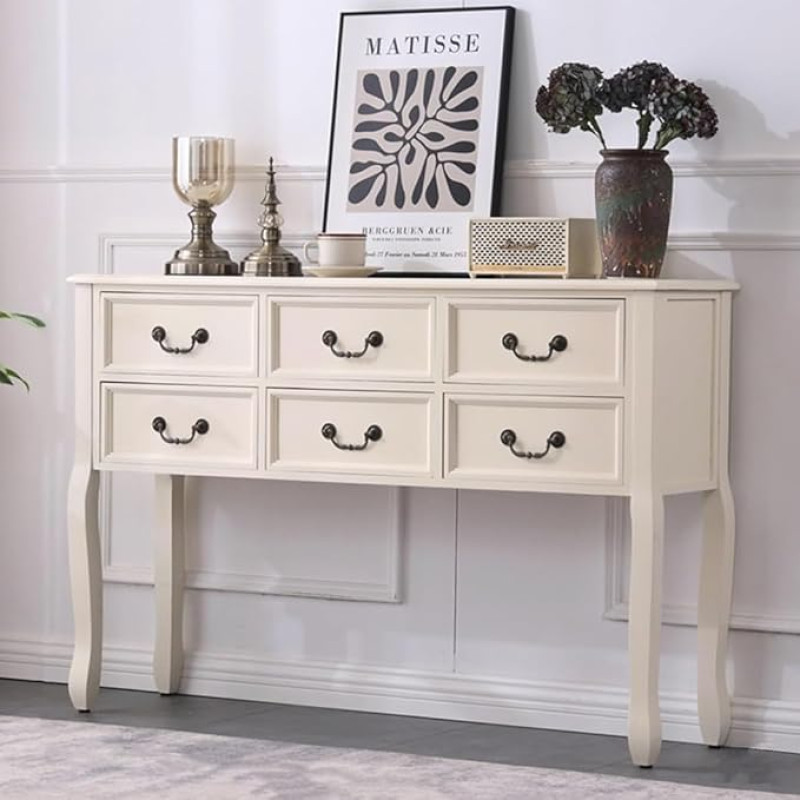 YVYKFZD Bauernhaus Konsolentisch, Beistelltisch aus Massivholz mit Schublade, Sofatisch Flurtisch mit großem Stauraum, schmale Eingangstisch Akzenttische(Ivory,L 120cm/47.2
