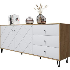 Newroom Skandi Modern Sideboard Wild Oak White Matt - 183 x 76 x 40 cm (W x H x D) - Highboard Sideboard - [Loya.Two] Living Room Guest Room Office