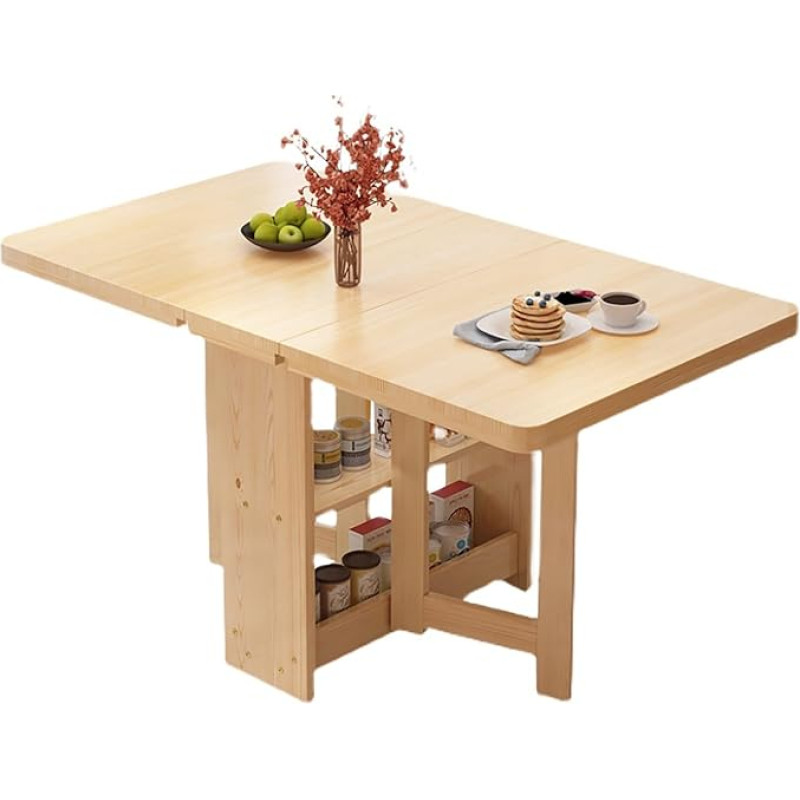 Vielseitiger klappbarer Küchentisch aus Massivholz, Klapptisch für Esszimmer und Büro, Schreibtisch mit doppeltem Aufbewahrungsregal, zusammenklappbares Design, unterstützt bis zu 400 kg, platzsparend