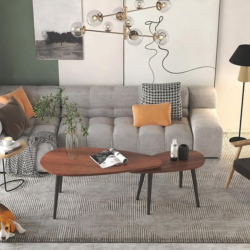 IMHKAM Oval Wood Coffee Table, Set of 2, Modern Living Room Table, Side Table Set, Living Room Wood Table, Oval Coffee Table, Brown