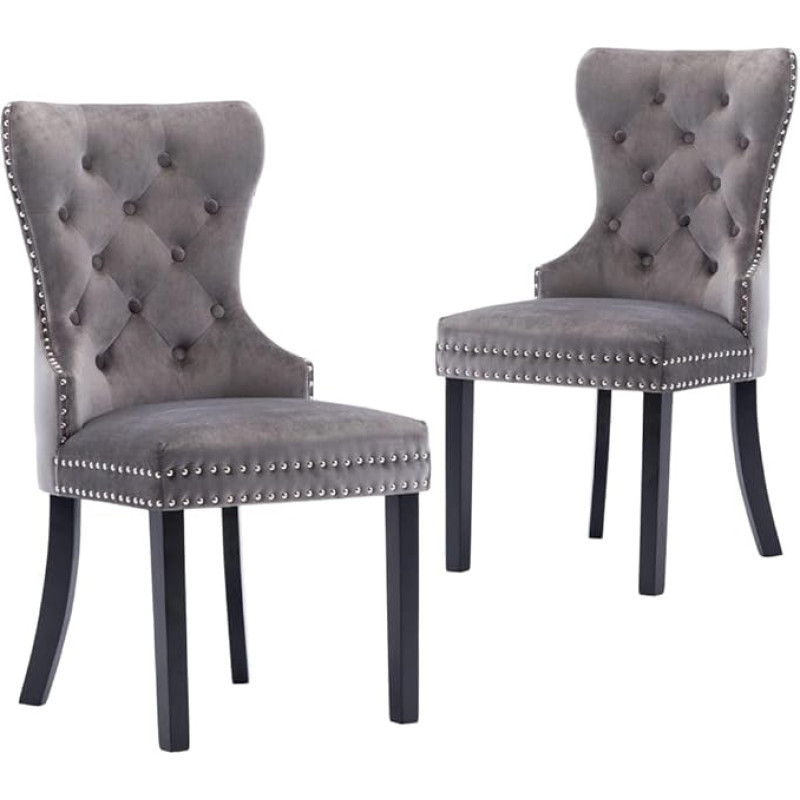 vidaXL Dining Room Chairs, Set of 2, Dining Room Chairs with Backrest, Kitchen Chair, Dining Chair, Metal Rivets, Decorative Buttons, Chair for Dining Room, Kitchen, Grey Velvet