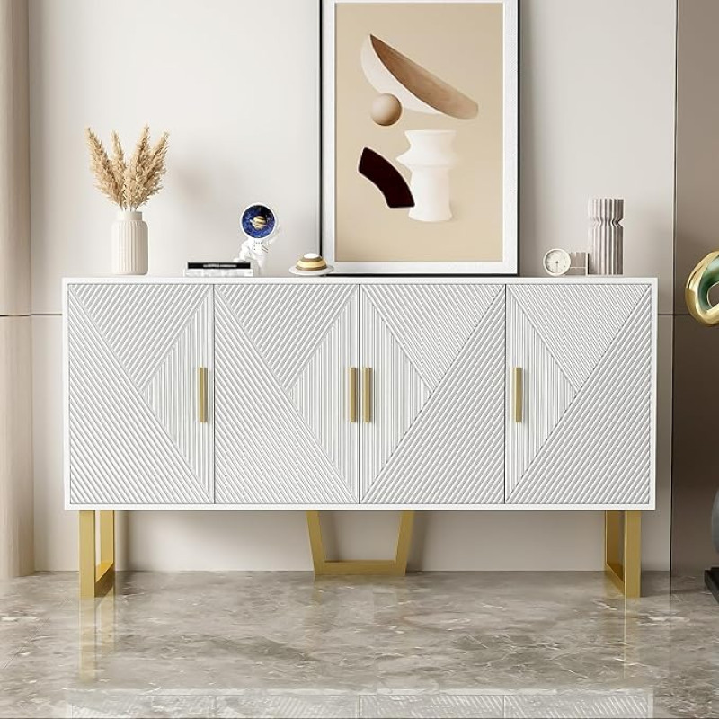 BTM 150cm Modern Luxury White Sideboard with High Gloss Textured Doors and Gold Handles, 4 Door Design, Height Adjustable Shelves