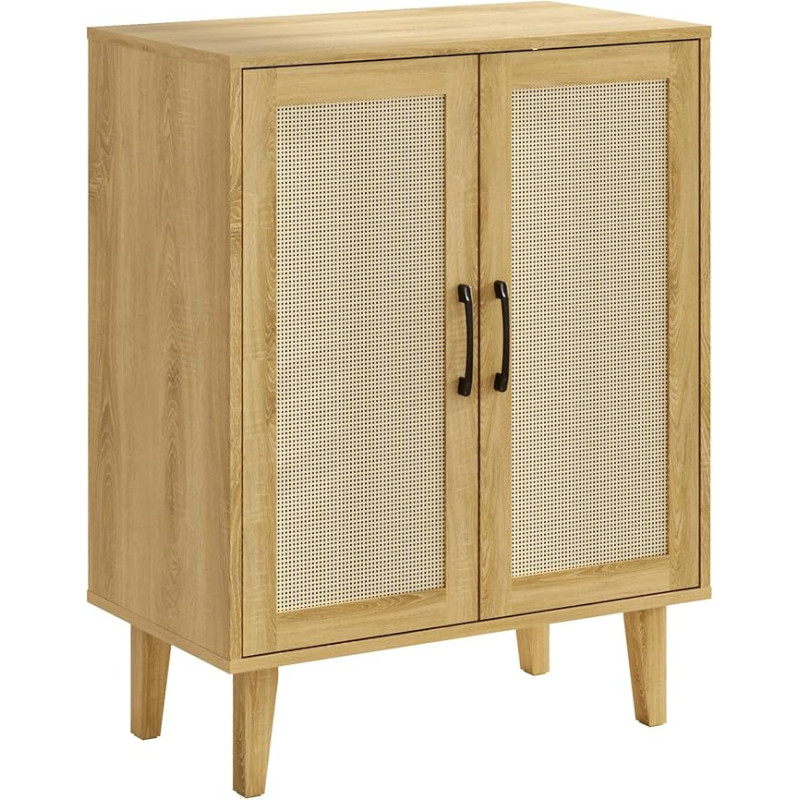 Kopuity Buffet Cabinet, Rattan Decorated, 2 Doors, Simple Style, Storage Cabinet, Shoe Cabinet with Adjustable Shelves, Sideboard for Kitchen, Living Room, Hallway, Entryway (Natural Wood)