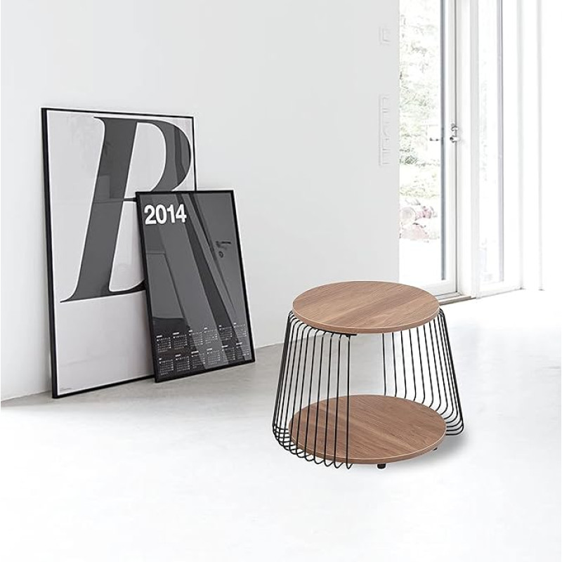 PUCHIKA Side Table, Round Coffee Table Made of Wood and Metal, Sofa Table for Living Room, Modern Design, Brown and Black, Two Plates, 60 x 60 x 46.5 cm