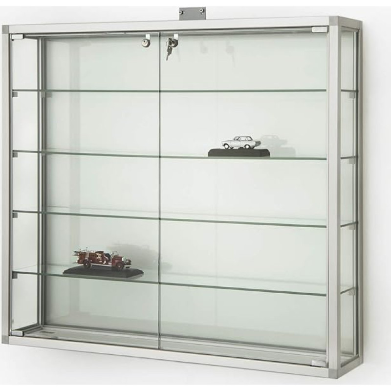 MHN Wall Display Cabinet D 19 x W 98 x H 88 cm - Collector's Hanging Display Cabinet Lockable - Large Glass Display Case Wall Hanging CPR - Grey Wooden Back Panel - Without Lighting
