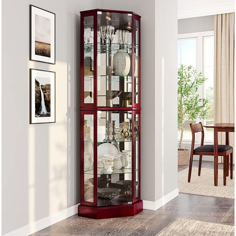 Belleze Curio Cabinet with Tempered Glass Lighting with Shelves, 2 Colours (Cherry and Walnut) Ashfield Curio Cabinet Cherry