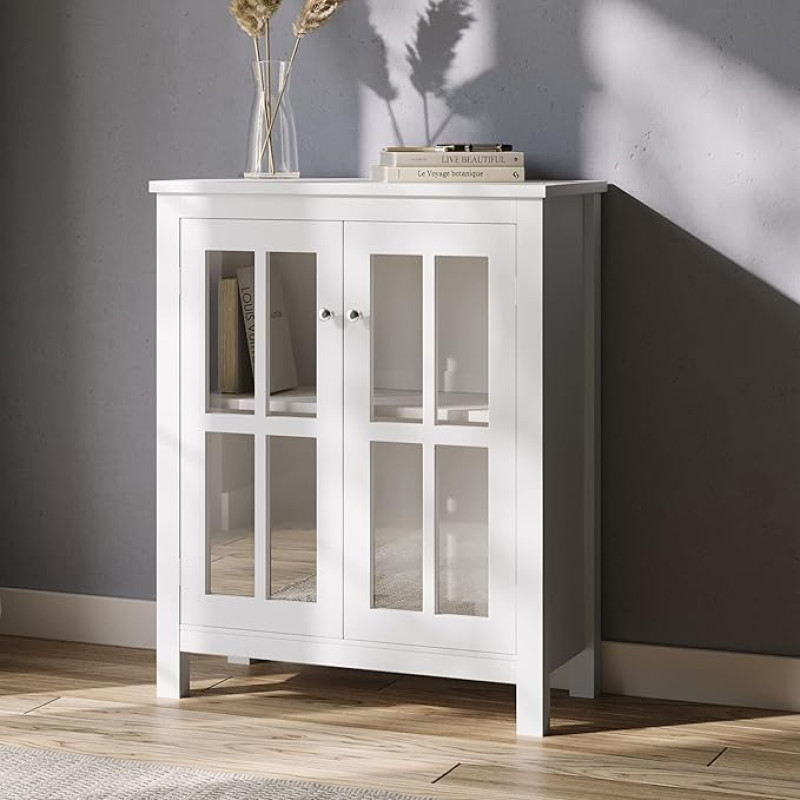 Lavish Home, White Buffet Cabinet with Glass Doors, Wood Material