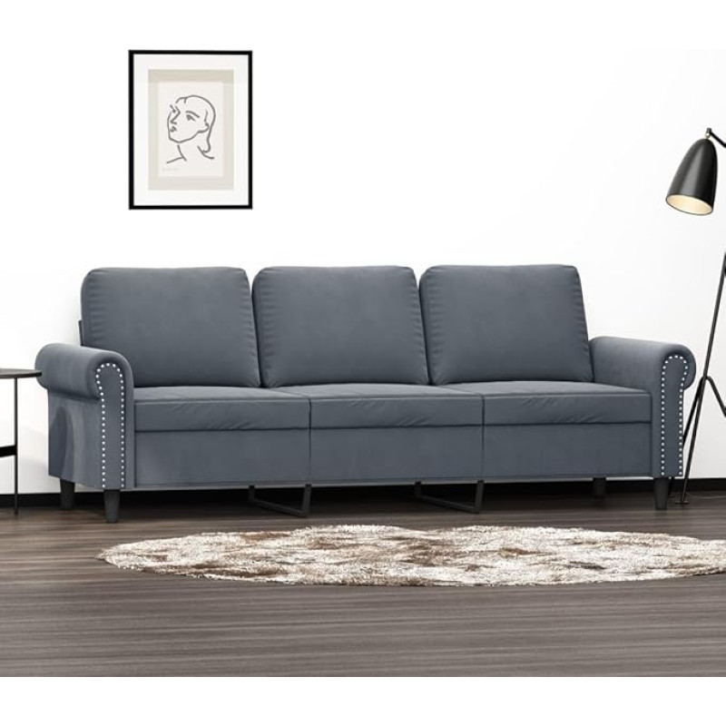 Willood 3-Seater Sofa, Lounge Sofa, Couch with Armrests, Back Cushion, Living Room Sofa, Design Sofa, Metal Frame, Seating Furniture, Two Seats, Multi Sofa, Dark Grey, 180 cm, Velvet