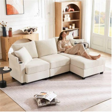 Merax 3 Seater Sofa with Convertible Footstool, Multifunctional Corner Sofa with Armrest Rest, Drink Holder, USB Charger and Phone Holder, L Shape Couch for Living Room/Bedroom/Office, Beige