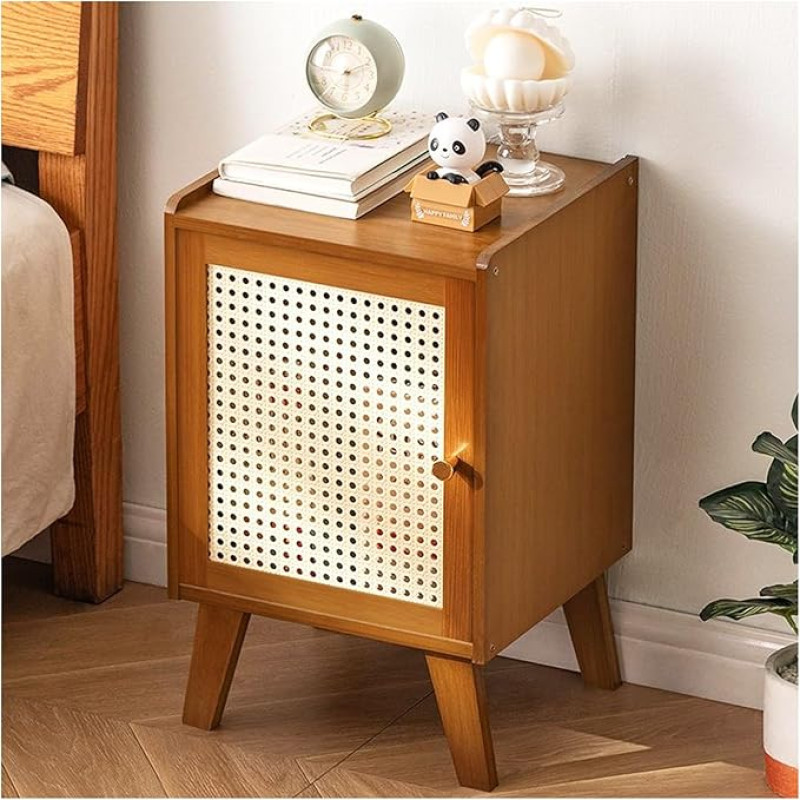 BEKMLOD Bamboo Bedside Table Sofa Side Table Coffee Table Bedside Table with Grid Door Storage Cabinet Suitable for Living Room Bedroom Office Easy to Assemble