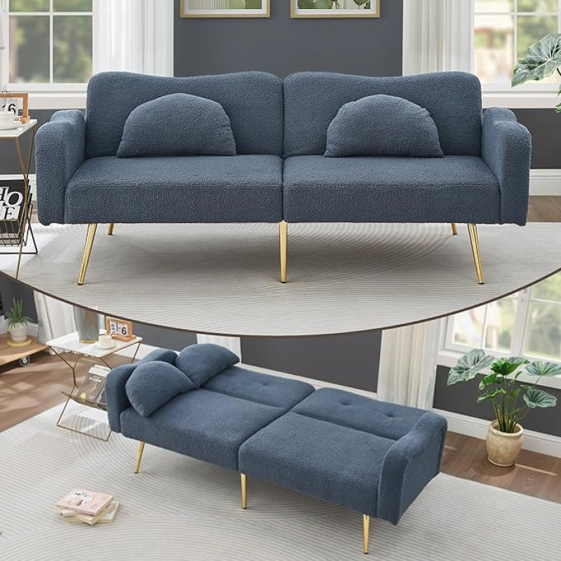 DRIXNO Two Seater Sofa Bed - Modern Two Seater Sofa with Adjustable Backrest + Gold Plated Metal Feet Integrated Bed Function Multifunctional 2 in 1 Furniture