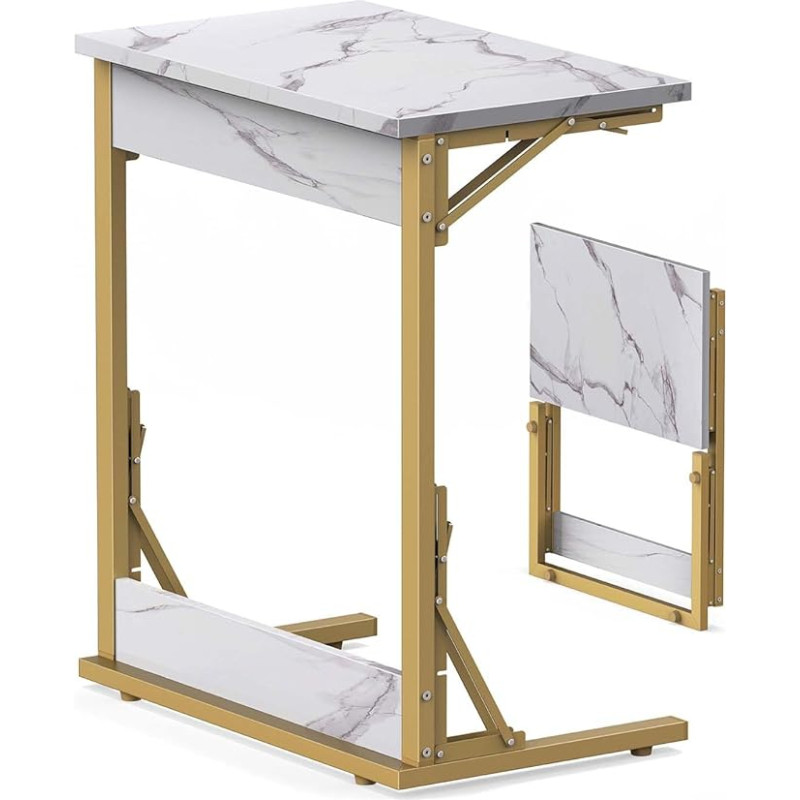 Tatub Folding TV Tray 24 Inch C Shape Marble Side Table for Couch Small Sofa Laptop Desk with Gold Metal Frame for Living Room Bedroom Bedside Table