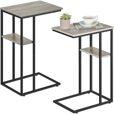 KBCLN C-Shaped Side Table, Set of 2, Grey Wood, C Tables with Double Shelves, Metal Frame, Side Tables for Living Room, Bedroom, Small Spaces