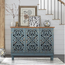 Sophia & William Sideboard Buffet Credenza Cabinet, 3 Door, Hollow Carved Accent Cabinet, Distressed Sideboard, Storage Cabinet with Wood Veneer for Kitchen, Living Room, Dining Room,