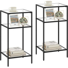 Homhedy 3-Tier Side Table, Set of 2, Side Table with Tempered Glass, Bedside Tables with Storage Shelves, Narrow Sofa Table for Living Room, Bedroom (2, Black)
