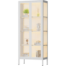 Polup Vitrine mit 3 farbigen LED-Lichtern und gehärtetem Glas, 168 cm hoch, Curio-Schrank mit 3 Seitengläsern, weiße Vitrine für Sammlerstücke, Metallschrank für Wohnzimmer, Montage erforderlich