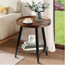 FANTERSI Small Round Side Table, 2-Tier, Mid Century Modern Side Table, Wooden Side Table, Round Side Table for Living Room, Metal Frame, Brown