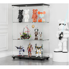 MODCART Glass Display Case with 3 Shelves, Double Doors and Lock, Curio Cabinet, 5mm Tempered Glass, Floorstanding Bookcase for Living Room, Bedroom, Office, 124.5 x 80.7 x 36.5 cm, Black