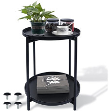 LuckySlycyc 2 Tier Round Metal Black Side Table with Removable Tray for Room, Bedroom, Balcony, Living Room, Sofa, Kitchen and Office