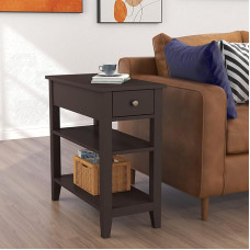ChooChoo Side Table Living Room Narrow Bed Table with Drawer and Shelf, 3 Tier Sofa Side Table for Small Space, Espresso