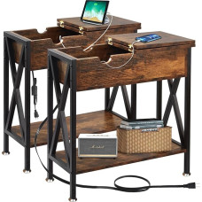 TooCust Set of 2 Narrow Side Table with Charging Station, Side Tables with USB Ports and Outputs, Side Tables Living Room, Set of 2, Side Table with Outlet, Side Tables, Set of 2