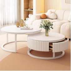 GonTzolkin Round Coffee Table, White, Set of 2, Marble Coffee Tables with Storage Space, Drawer, Modern Living Room Table, Round Coffee Tables, White with Metal Frame, Table, Living Room, Couch Table