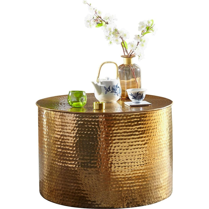 Wohnling Coffee Table 61 x 40.5 x 61 cm Aluminium Gold Side Table Oriental Round Flat Hammered Sofa Table Metal Design Living Room Table Modern Lounge Table Indian House Table