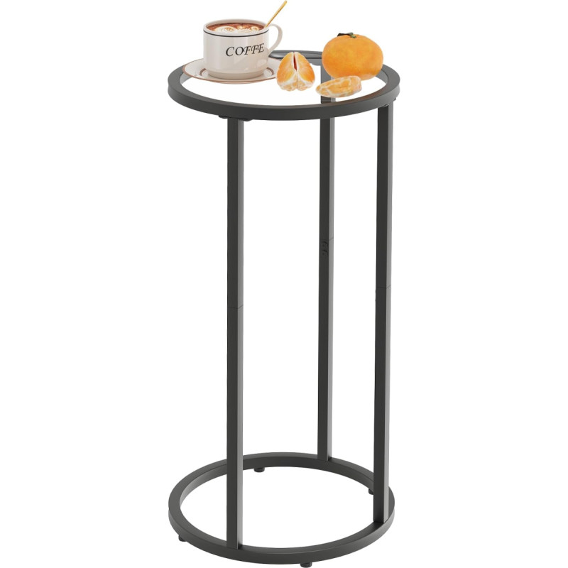 Round Side Table, Glass C Table, Coffee Side Table, Tempered Glass, Snack Table with Metal Frame, Sofa, Couch, Bedside, TV Tray for Small Spaces (Black)