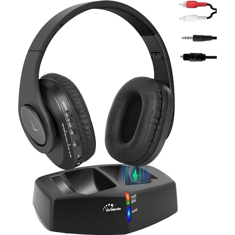 WallarGe traadita kõrvaklapid telerile / TV-le RF ja Bluetoothiga, üle kõrvade traadita kõrvaklapid RF digitaalse laadimisjaamaga, mille ulatus on 30 m, optiline ja Aux port, Plug and Play (must)