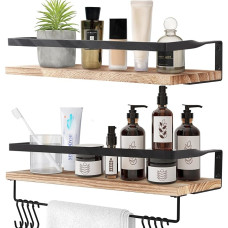 Uten Wooden Wall Shelf, Floating Shelf, Rustic with Towel Rail, Set of 2, Light Brown for Bedroom, Living Room, Bathroom, Kitchen, Office