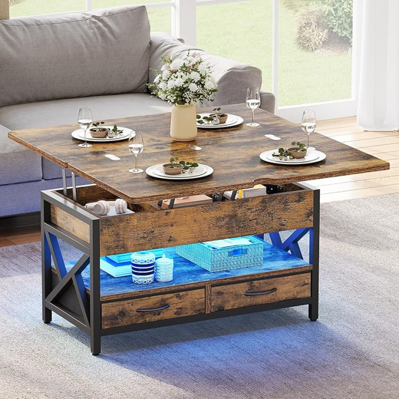 YITAHOME Coffee Table Height Adjustable, Living Room Table with Drawer and LED, Coffee Tables with Hidden Coffee Table Compartment Convertible into Dining Table 90 x 50 x 51.5 cm