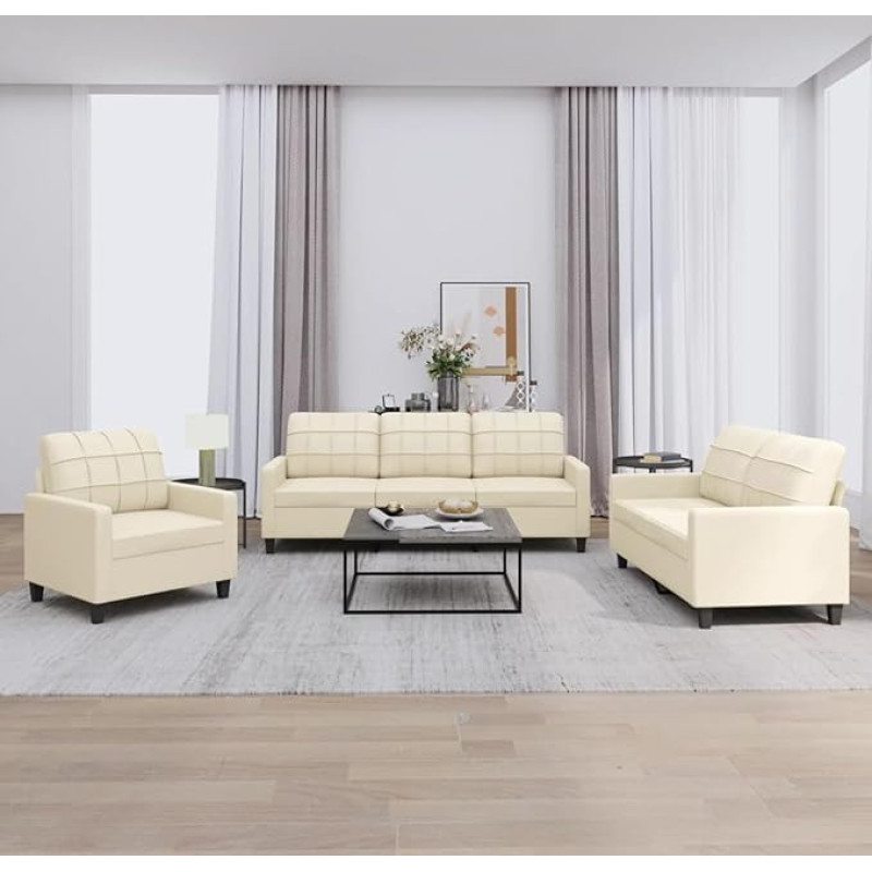 Brokky 3201339 3-Piece Sofa Set with Cushion Sofa Living Room Sofa Set Sofas for Living Room Cream Faux Leather