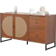 Sideboard, Chest of Drawers with 2 Rattan Decorated Doors, Sideboard, Storage Cabinet with Adjustable Shelves and Metal Handles for Bedroom and Living Room, Multi-Purpose Cabinet, Brown, 130 x 40 x 75