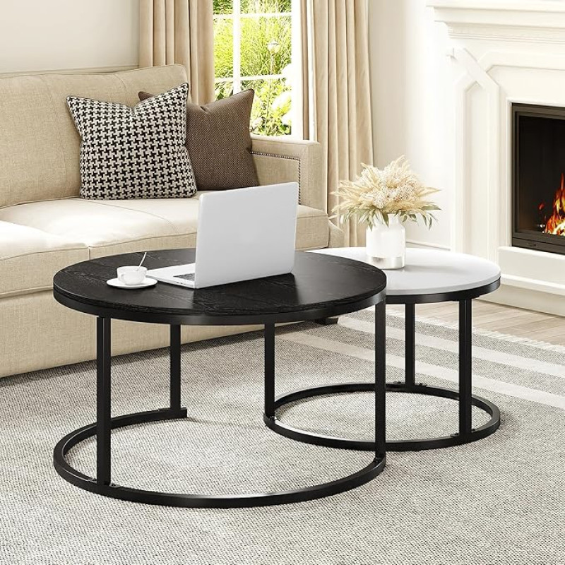 YITAHOME Coffee Table Set of 2 Modern Round Stackable Round with Storage Wooden Top Metal Frame Side Table Cocktail Tea Center Table for Living Room Home Office Black and White