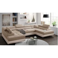 Miami U Corner Sofa with Sleep Function, Corner Couch with Bed Box, U-Shape Couch, Sofa Set with Sleep Function, 338 x 203 cm (Cream + Creamy Faux Leather - EKO)