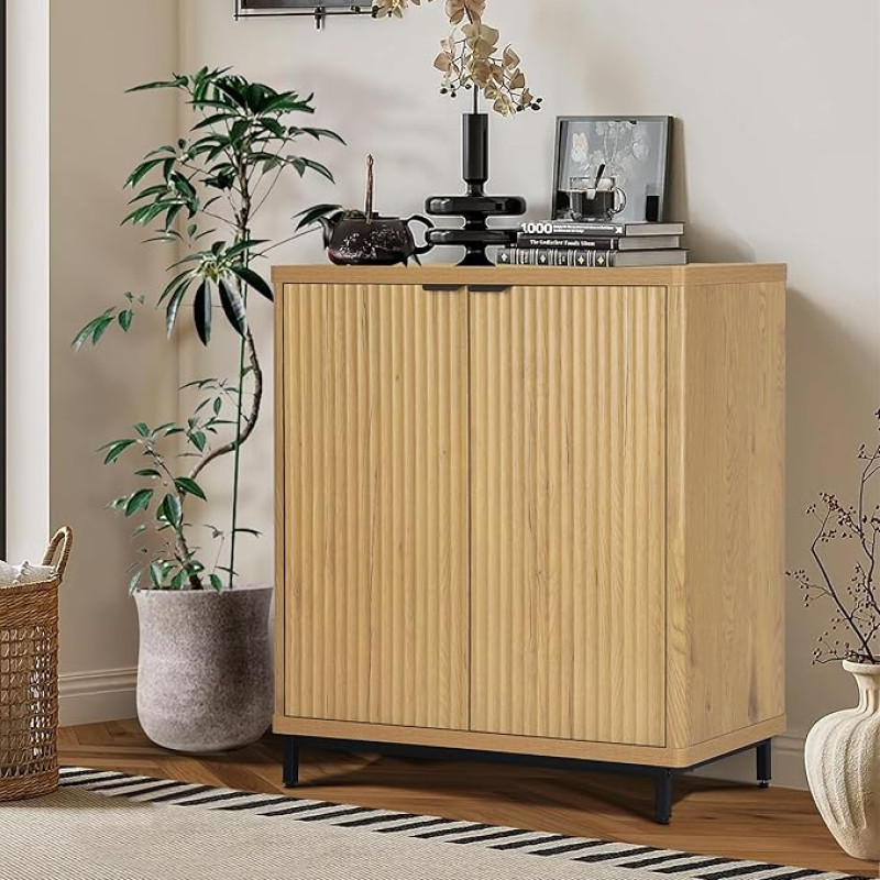 QuicMiou Buffet Cabinet with Storage Sideboard Modern Sideboard with 2 Doors and 2 Shelves Ribbed Media Console for Living Room Kitchen Dining Room Hallway (Natural Oak)