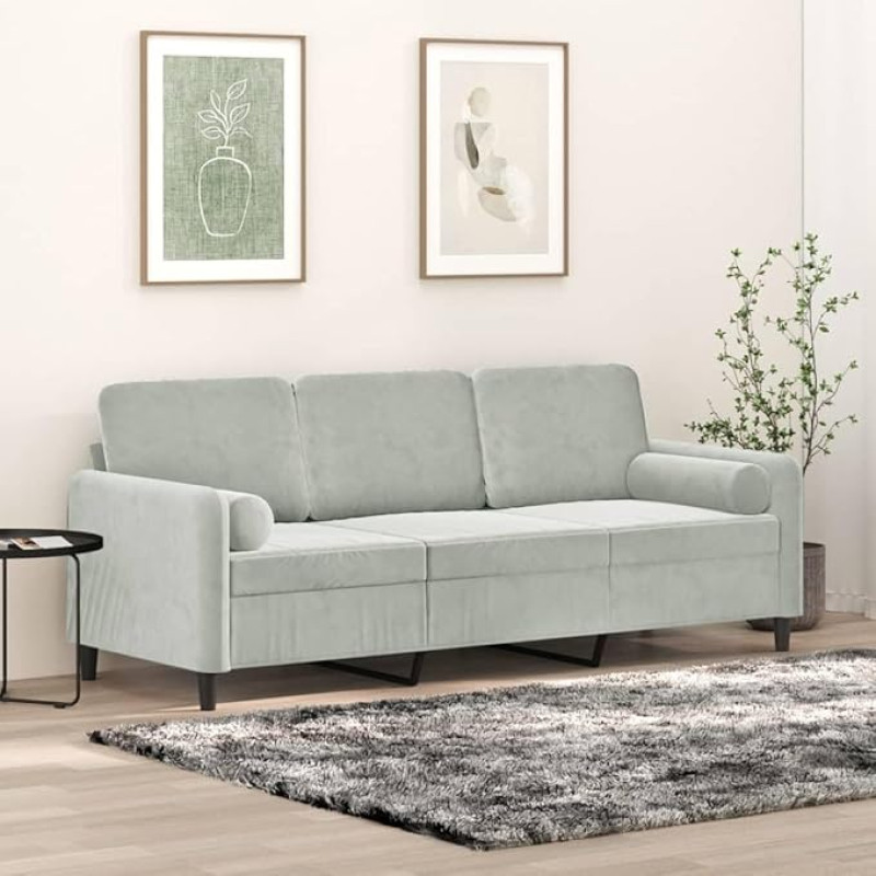 Snsowed 3200891 3-Seater Sofa with Decorative Cushions, Light Grey, 180 cm, Velvet, Lounge Sofa, Sofas & Couches, Relaxing Sofa, Couch for Living Room, 180 cm