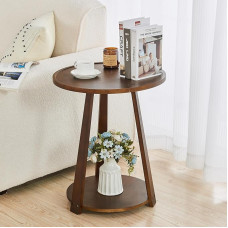 CozyDH Runder Beistelltisch Wohnzimmer, Beistelltisch mit unterer Ablage Schlafzimmer, Vollgummi-Holz Nachttisch mit Stauraum, Sofa Couchtisch Nussbaum