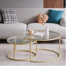 EGOONM Set of 2 Round Coffee Tables, Round Modern Glass Table with Golden Metal Frame, (80 x 80 x 45 cm + 60 x 60 x 35 cm)
