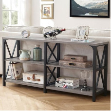 LVB Industrial Entrance Table, Farmhouse, Rustic Console Table Behind Couch, Long Metal Sofa Table with Shelf, Modern Foyer, Hallway Table for Living Room, Bedroom, Light Grey Oak