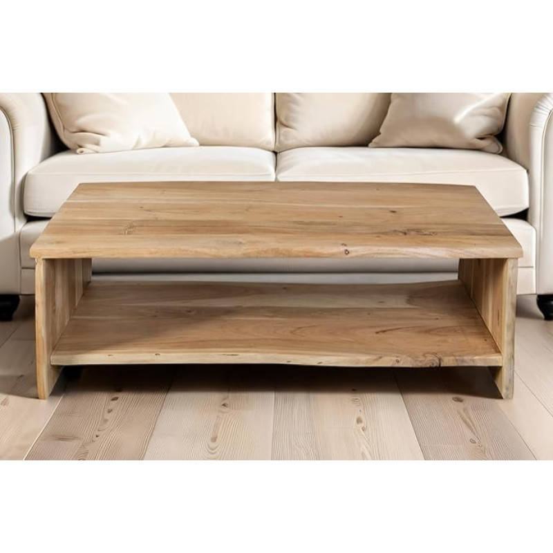 SAM Dahlia II Coffee Table, Sofa Table with Shelf, Solid Acacia Wood + Natural-Coloured + Lacquered, Side Table with Real Wane Edge, 120 x 60 x 40 cm