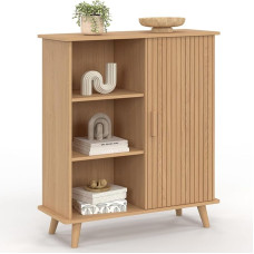 IDMarket Juliette 70cm Wooden Slat Effect Side Table with 3 Shelves and Cupboard