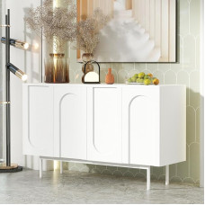 Lexiou Modern Minimalist Pure White Sideboard with 4 Doors in Arch Pattern for Dining Room and Living Room