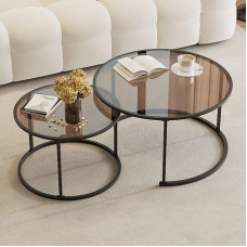 Round Glass Coffee Table, Set of 2, Centre Coffee Table for Living Room, Glass Coffee Table with Metal Frame, Modern Tea Table, Low Coffee Tables, Small Tea Table for the Home (Black,