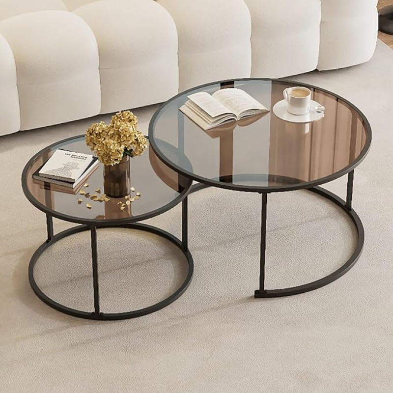 Round Glass Coffee Table, Set of 2, Centre Coffee Table for Living Room, Glass Coffee Table with Metal Frame, Modern Tea Table, Low Coffee Tables, Small Tea Table for the Home (Black,