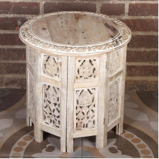 Casa Moro Nassiba Oriental Side Table 46 x 46 x 46 cm (W x D x H) Round in Shabby White Solid Mango Carved Wood Vintage Sofa Table Coffee Table NH09204