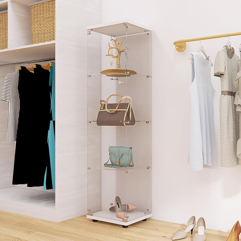 DULRLLY Glass Display Cabinet in White 164 x 42 x 36 cm Glass Display Case Standing with Lock for Books Wine Collectibles Modern Glass Display Cabinet for Living Room Bedroom Entrance