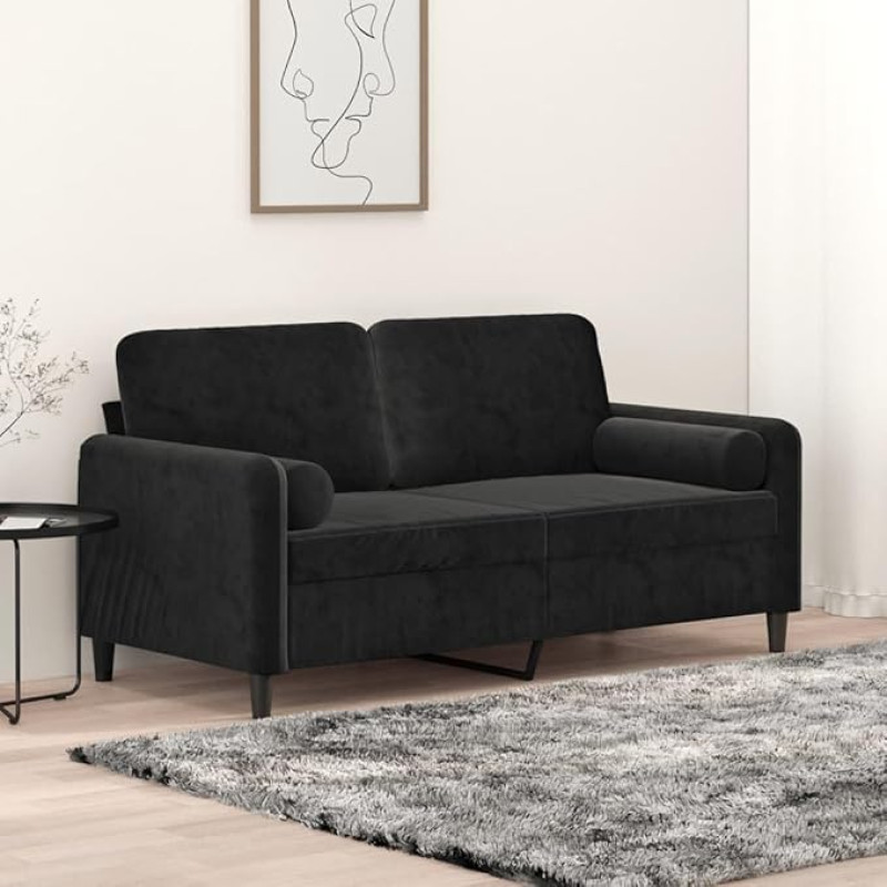 CIADAZ 3200886 2-Seater Sofa with Decorative Cushion, Black, 140 cm, Velvet, Lounge Sofa, Sofas & Couches, Relax Sofa, Couch for Living Room, Couch with