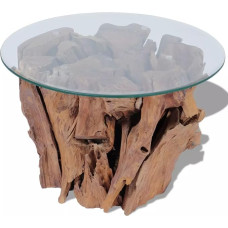 Festnight Round Coffee Table 60 cm Glass Table Top and Teak Wood Table Base Side Table Coffee Table Living Room Table