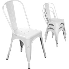Metal Dining Chair Farmhouse Tolix Style Kitchen Dining Chair Cafe Restaurant Bistro Patio 18 Inch Stackable Waterproof Indoor/Outdoor (Set of 4) (White)